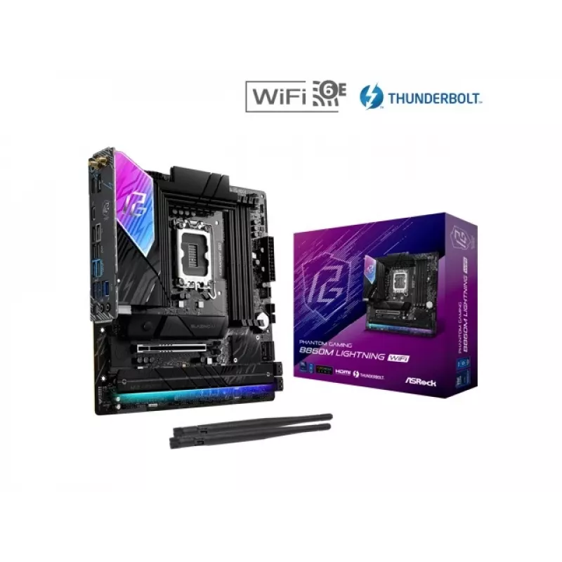 Pagrindinė plokštė ASRock B860M Lightning WiFi — Intel B860, LGA1851, microATX, DDR5, 4 DIMM, Wi‑Fi 6E, 2.5Gb LAN, Thunderbolt 4