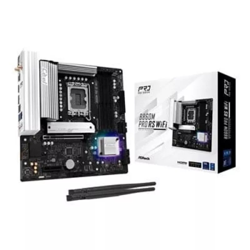 Pagrindinė plokštė ASRock B860M Pro RS WiFi — Intel B860, LGA 1851, micro ATX, DDR5, 4 DIMM, 3x M.2, 2.5Gb LAN, Wi‑Fi, Bluetooth