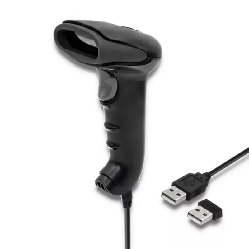 Rankinis brūkšninių kodų skaitytuvas QOLTEC 50868 — 1D/2D lazerinis skaitytuvas, USB laidinis ir belaidis, skaitymo atstumas 600 mm, juodas