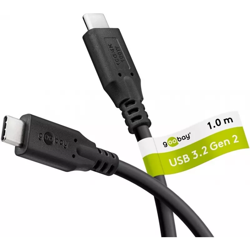 Laidas USB-C USB-C 3.2 Gen2, 10 Gbit/s, 1 m, juodas, Power Delivery 3.0, 100 W, 4K, 60 Hz