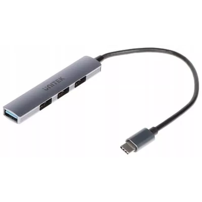 USB-C šakotuvas Unitek H1208B — 1x USB-A 5 Gbps, 3x USB-A 2.0, USB-C priegloba, aliuminio korpusas, 0,20 m laidas