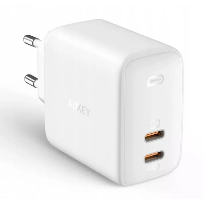 Sieninis įkroviklis Aukey PA-B4 2x USB baltas GaN – kompaktiškas USB maitinimo adapteris su dviem USB prievadais