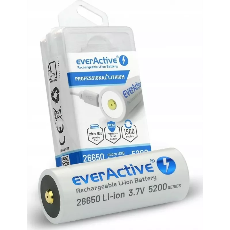 Įkraunama baterija everActive EV26650-52M 3,7 V 5200 mAh su „Micro USB“ įkrovimu