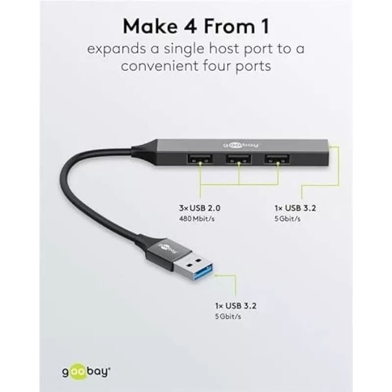Goobay USB šakotuvas 74456 Type-A 5000 Mbit/s šviesiai pilkas
