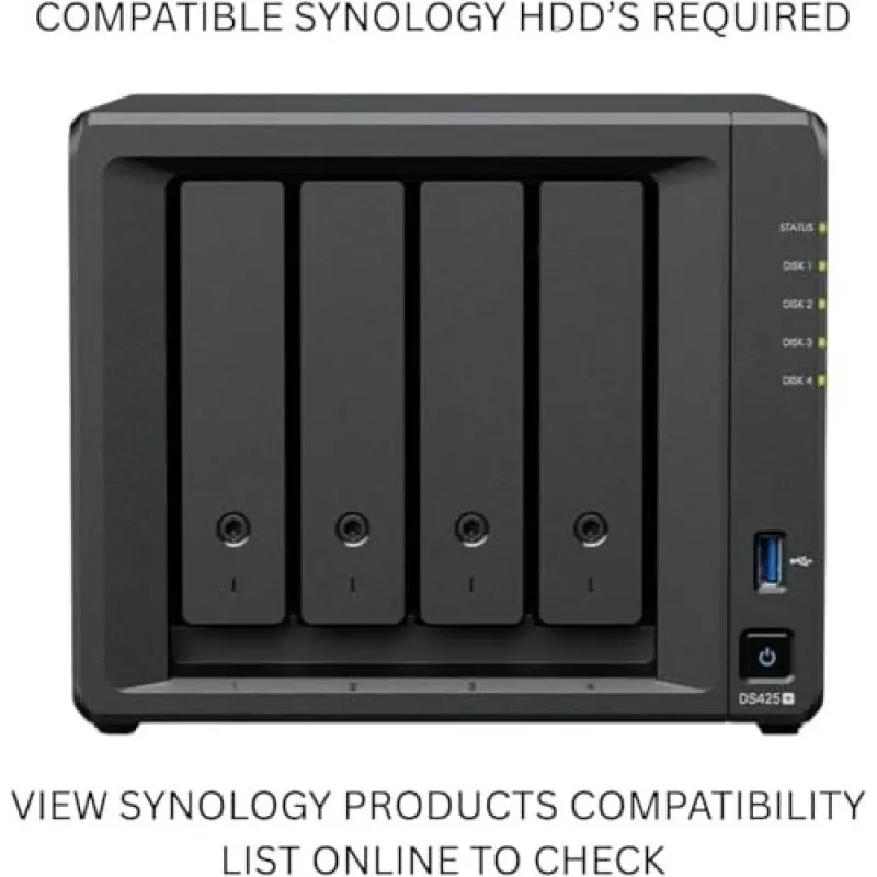 NAS saugojimo serveris SYNOLOGY DS425+ — 4 lizdų, Intel Celeron J4125 2,0–2,7 GHz, 2 GB DDR4, 0 TB, 2,5GbE, 2 M.2 lizdai