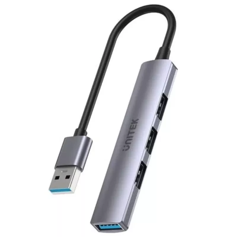 USB šakotuvas Unitek H1208A — 4 prievadai (1 × USB 3.2 Gen 1 Type-A, 3 × USB 2.0), aliuminio korpusas, pilka, 0,20 m laidas