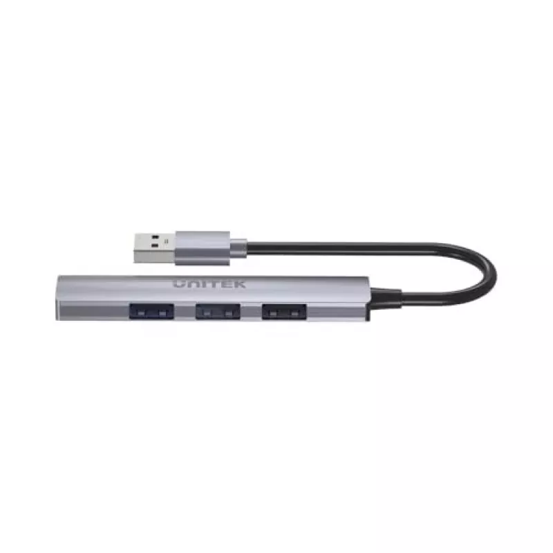 USB šakotuvas Unitek H1208A — 4 prievadai (1 × USB 3.2 Gen 1 Type-A, 3 × USB 2.0), aliuminio korpusas, pilka, 0,20 m laidas