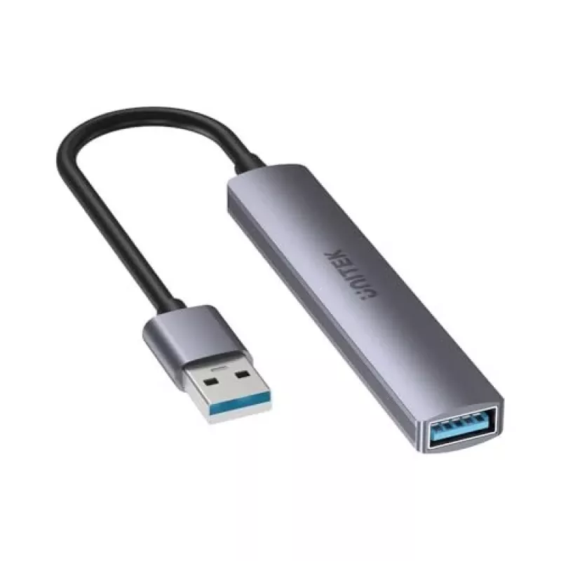 USB šakotuvas Unitek H1208A — 4 prievadai (1 × USB 3.2 Gen 1 Type-A, 3 × USB 2.0), aliuminio korpusas, pilka, 0,20 m laidas