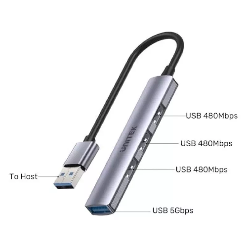 USB šakotuvas Unitek H1208A — 4 prievadai (1 × USB 3.2 Gen 1 Type-A, 3 × USB 2.0), aliuminio korpusas, pilka, 0,20 m laidas