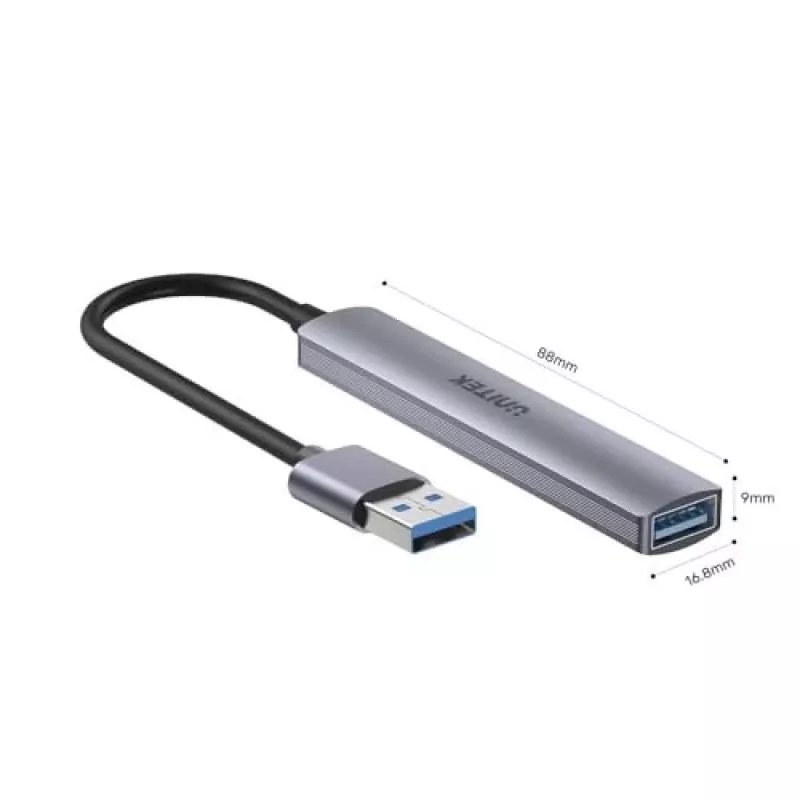 USB šakotuvas Unitek H1208A — 4 prievadai (1 × USB 3.2 Gen 1 Type-A, 3 × USB 2.0), aliuminio korpusas, pilka, 0,20 m laidas