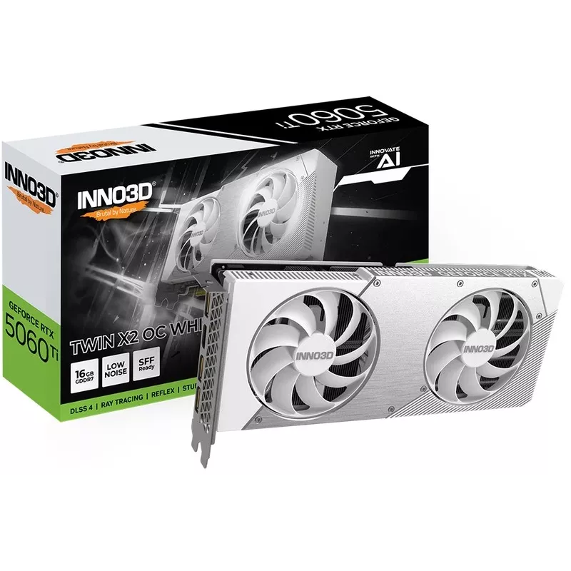 Vaizdo plokštė Inno3D GeForce RTX 5060 Ti — 16 GB GDDR7, PCIe 5.0, 448 GB/s, 250 mm, 2 lizdų, balta