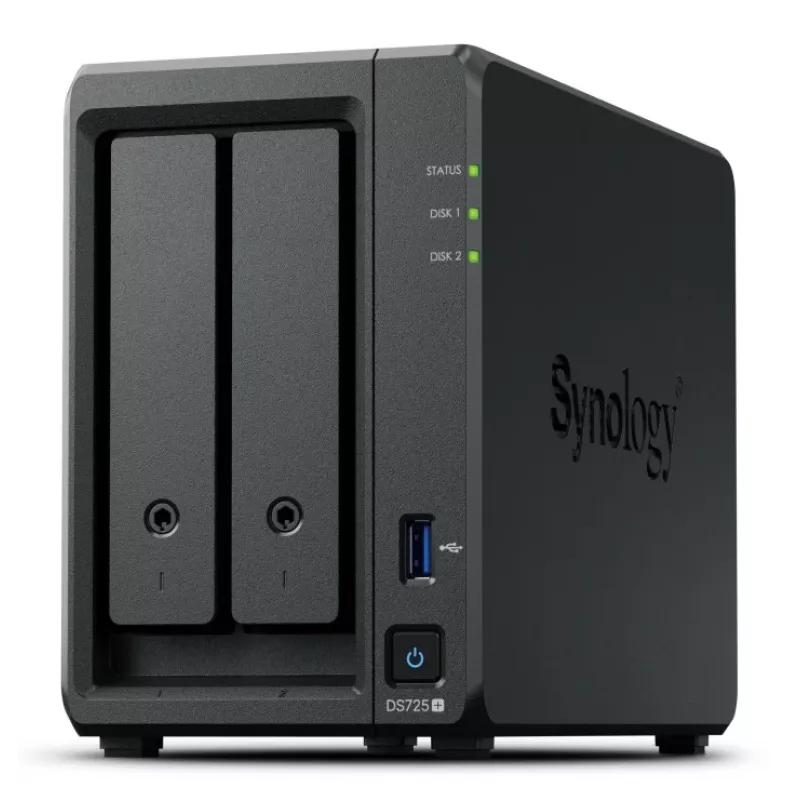NAS Synology DiskStation DS725+ 2-jungties Ryzen R1600 4GB DDR4 ECC, 2.5GbE, 2x M.2, RAID palaikymas, 0TB, juoda