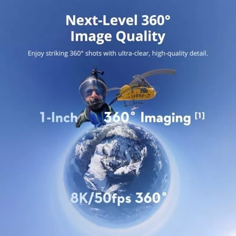Veiksmo kamera DJI Osmo 360 Standard Combo — 8K itin didelės raiškos, 120 MP CMOS, 240 kadrų per sekundę, elektroninis stabilizavimas, 2 colių ekranas, MicroSD, 183 g, juoda