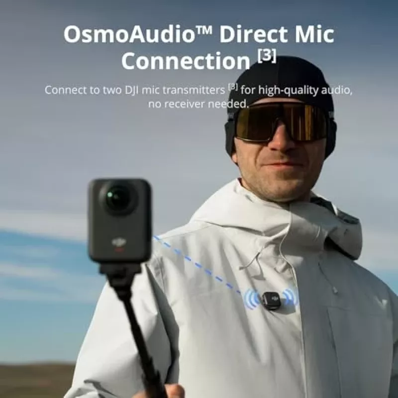 Veiksmo kamera DJI Osmo 360 Standard Combo — 8K itin didelės raiškos, 120 MP CMOS, 240 kadrų per sekundę, elektroninis stabilizavimas, 2 colių ekranas, MicroSD, 183 g, juoda