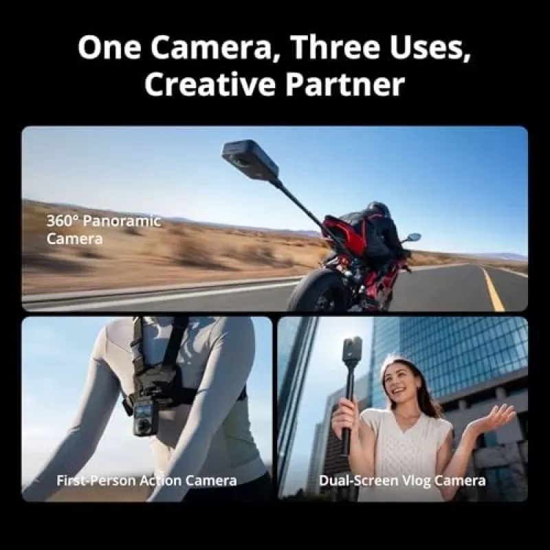 Veiksmo kamera DJI Osmo 360 Standard Combo — 8K itin didelės raiškos, 120 MP CMOS, 240 kadrų per sekundę, elektroninis stabilizavimas, 2 colių ekranas, MicroSD, 183 g, juoda
