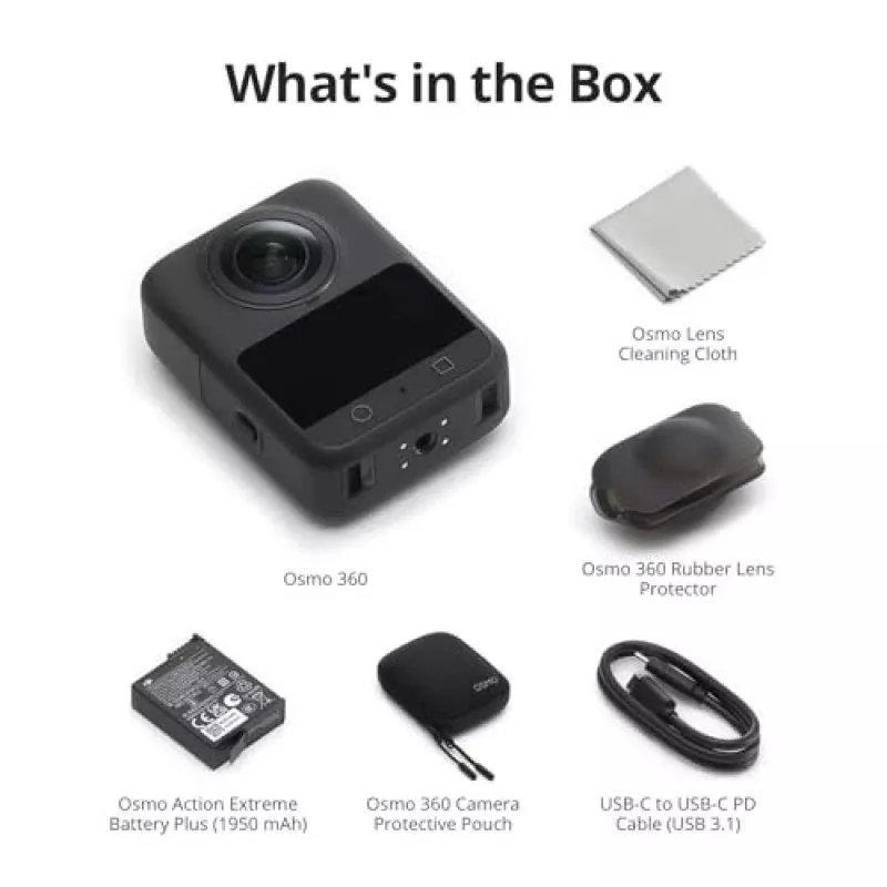 Veiksmo kamera DJI Osmo 360 Standard Combo — 8K itin didelės raiškos, 120 MP CMOS, 240 kadrų per sekundę, elektroninis stabilizavimas, 2 colių ekranas, MicroSD, 183 g, juoda