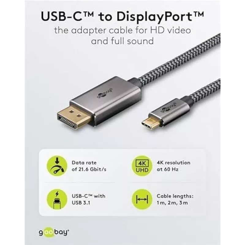 Goobay USB-C į DisplayPort kabelis - paauksuotos jungtys, Ultra HD raiška iki 4k @ 60Hz, C tipo Thunderbolt 3/4 į DP adapteris, suderinamas su
