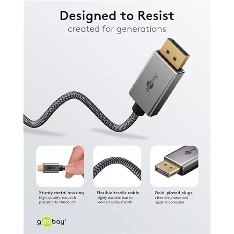 Goobay USB-C į DisplayPort kabelis - paauksuotos jungtys, Ultra HD raiška iki 4k @ 60Hz, C tipo Thunderbolt 3/4 į DP adapteris, suderinamas su