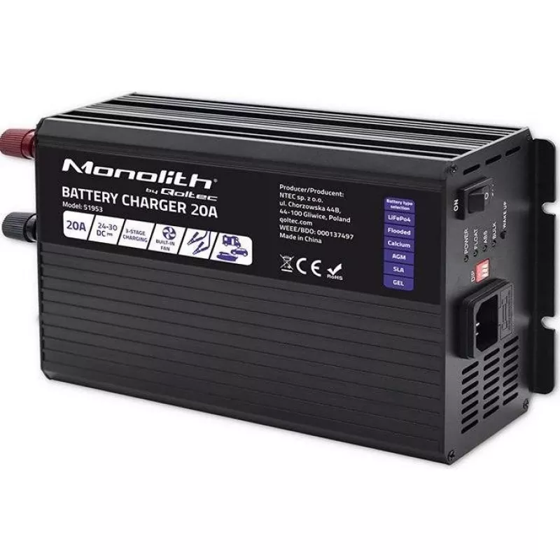 Qoltec Smart Monolith baterijų įkroviklis, skirtas LiFePO4 AGM GEL SLA akumuliatoriams | 20A | 24V