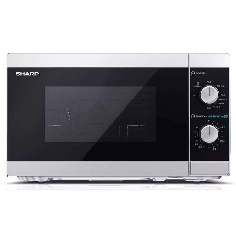 Kombinuota mikrobangų krosnelė Sharp YC-MG01E-S — 20 l, 800 W mikrobangų, 1000 W grilis, 5 galios lygiai, sukamoji valdymo rankenėlė, 25,5 cm sukamoji lėkštė