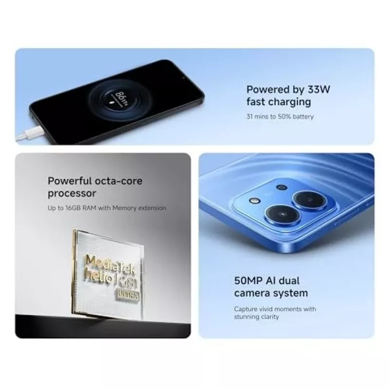 Išmanusis telefonas Xiaomi Redmi 15C 6,9 colio 4 GB RAM 128 GB atminties mėlynas, Helio G81-Ultra, 6000 mAh, IP64