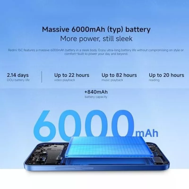 Išmanusis telefonas Xiaomi Redmi 15C 6,9 colio 4 GB RAM 128 GB atminties mėlynas, Helio G81-Ultra, 6000 mAh, IP64
