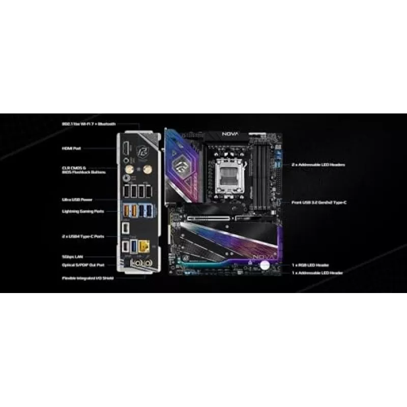 Motininė plokštė ASRock X870 NOVA WIFI — AMD X870, Socket AM5, ATX, 4× DIMM DDR5, 256GB, Wi‑Fi 6E, 2.5GbE