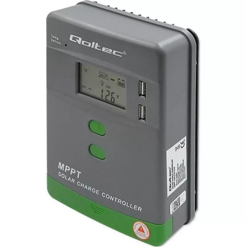 Qoltec, saulės MPPT įkrovimo valdiklis su temperatūros jutikliu 20A 12V/24V Ekranas LCD 2 x USB