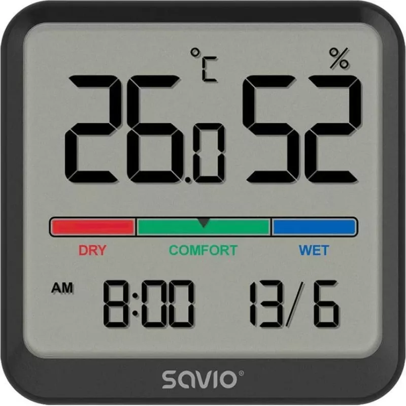 Vidaus temperatūros ir drėgmės jutiklis SAVIO CT-01/B atskirai stovintis, LCD, -10–55°C, 10–99% RH, CR2032