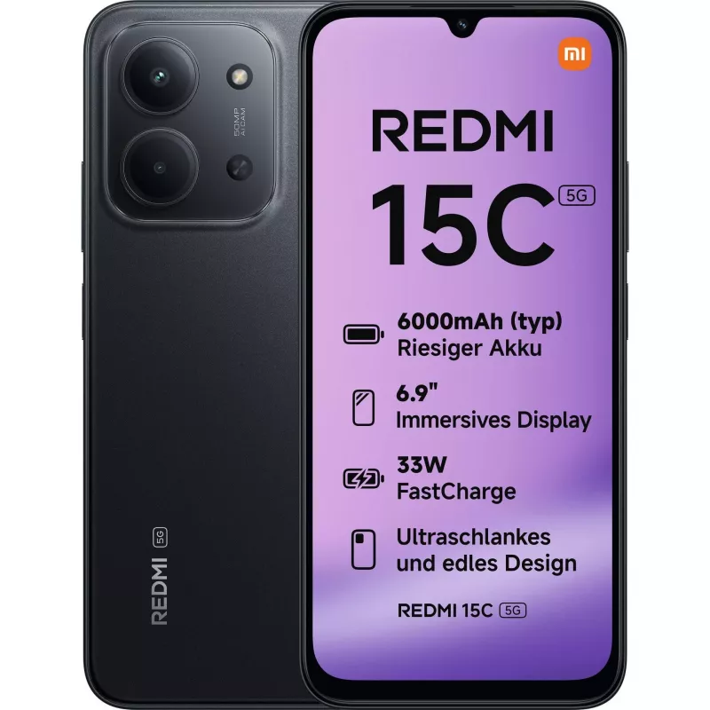 Xiaomi Redmi 15C | Midnight Black | 6,9 colio | IPS LCD | 720 x 1600 pikselių | Vidinė RAM 4 GB | 128 GB | Dviejų SIM kortelių | 5G | Pagrindinės kameros raiška 50 MP | Antrinės kameros raiška 8 MP