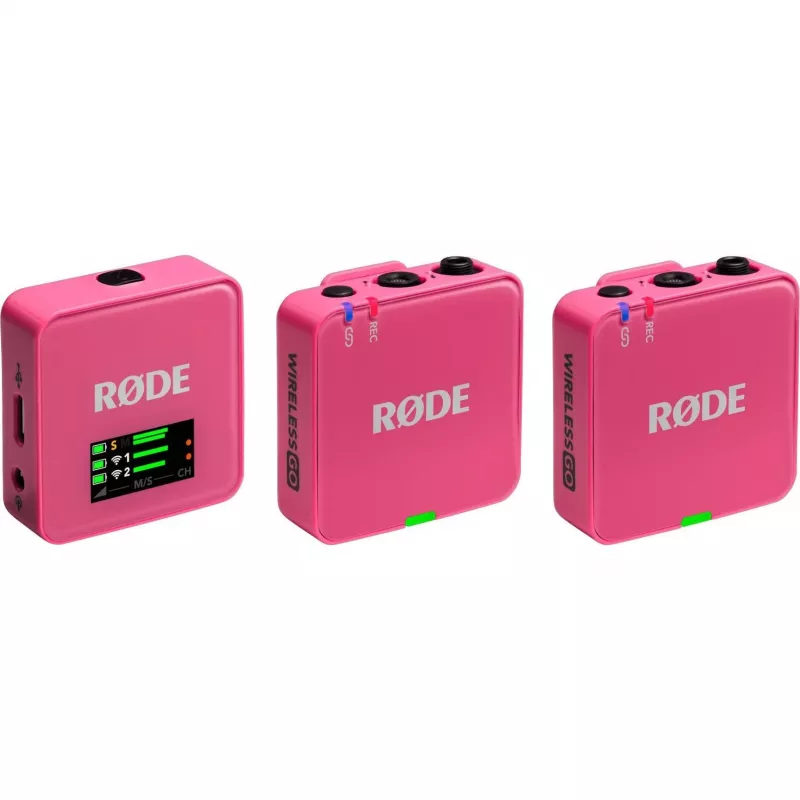 Belaidis mikrofonas RODE Wireless GO III Pink — kompaktiška dviejų kanalų siųstuvo ir imtuvo sistema