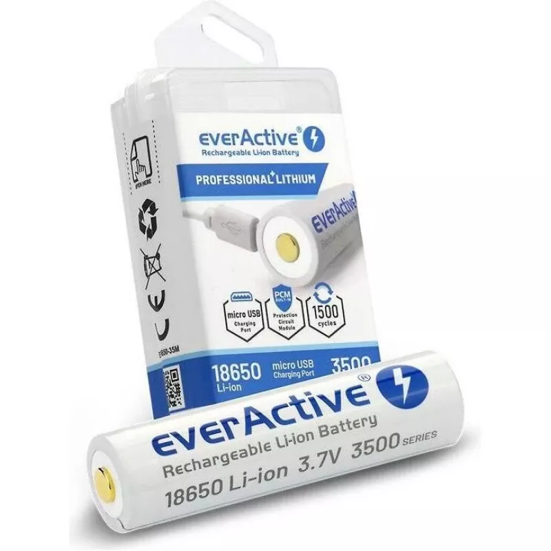 18650 Li-Ion 3.7V everActive 3500mAh battery (1 vnt.) micro-USB with protection