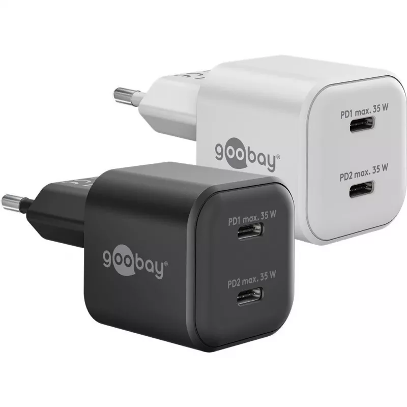 USB-C dvigubas greitasis įkroviklis Nano, PD, GaN, 35 W (baltas, 2x USB-C, Power Delivery 3.0)