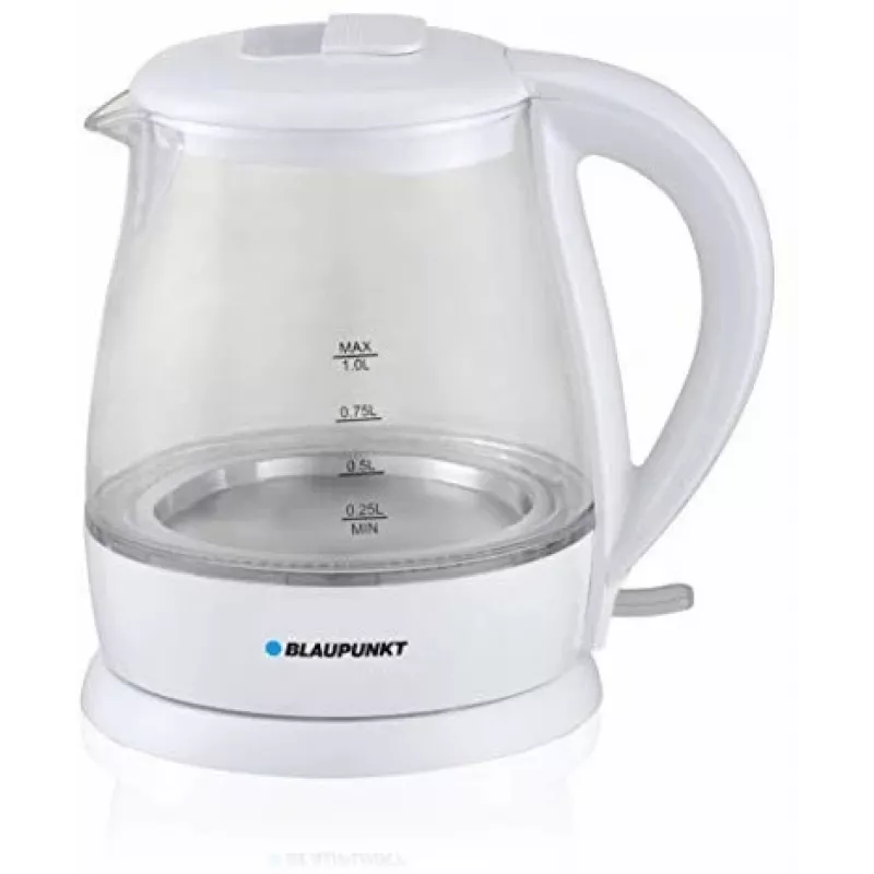 Elektrinis virdulys BLAUPUNKT 1 L 1630 W baltas — stiklinis korpusas, 360° pagrindas, mygtuku atidaromas dangtis