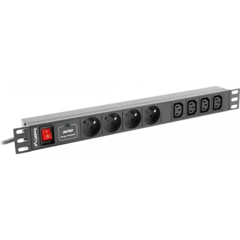 Maitinimo skirstytuvas LANBERG PDU-04E04I-0200-IEC-BK — 1U, 4 Type E lizdai, 2 m laidas, 10 A, 220–250 V