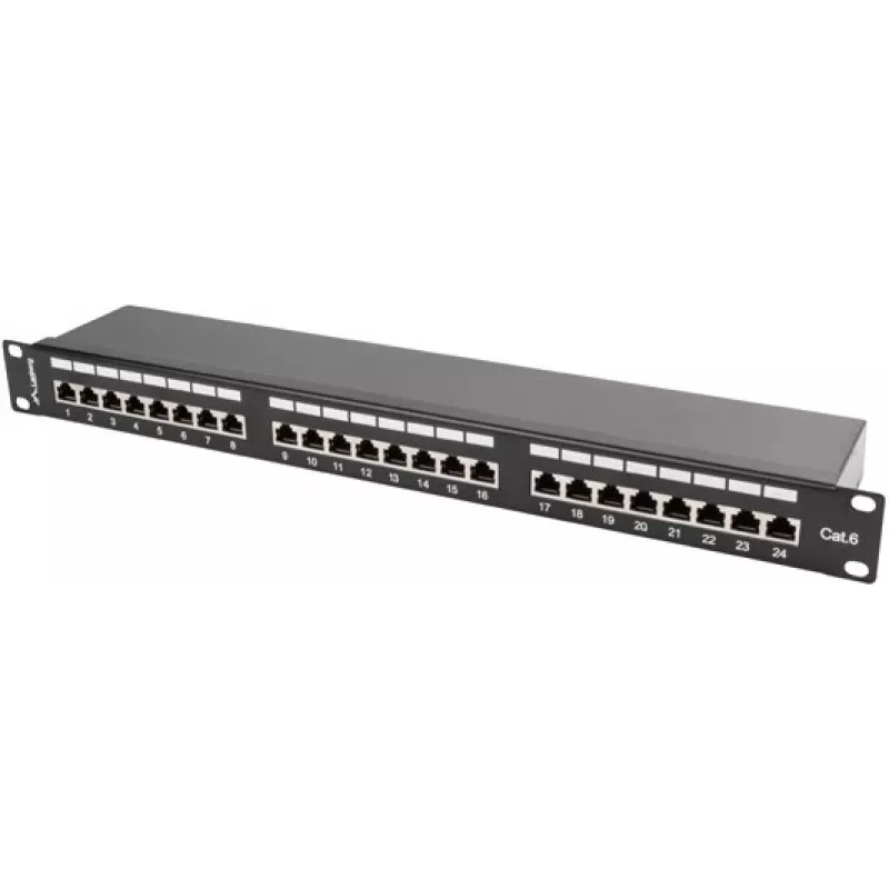 Patch panel 1U LANBERG PPS6-1024-B, 24 prievadų Cat6, metalinis, juodas, 442×114,5×44,5 mm