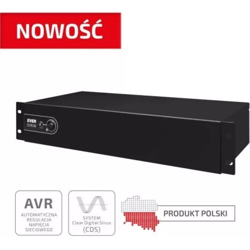 Į stovą montuojamas linijinės sąveikos UPS EVER ECO Pro 1200 AVR CDS, 1,2 kVA (650 W išvestis), 2U, 3× C13, USB-B, AVR, VRLA 12 V 5 Ah ×2