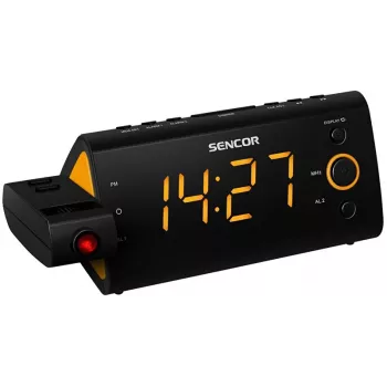 Radijas su laikrodžiu SENCOR SRC 330 OR — FM radijas su 1,2 colio LED ekranu, dvigubu žadintuvu, raudona 180° projekcija, kambario temperatūra, baterijos atsarginis maitinimas