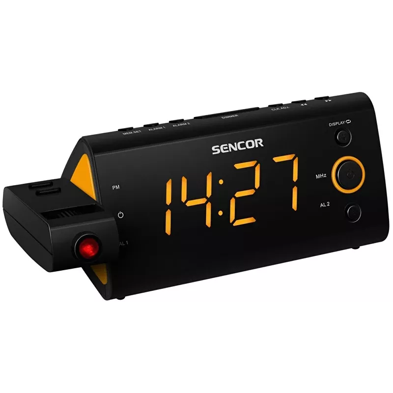 Radijas su laikrodžiu SENCOR SRC 330 OR — FM radijas su 1,2 colio LED ekranu, dvigubu žadintuvu, raudona 180° projekcija, kambario temperatūra, baterijos atsarginis maitinimas