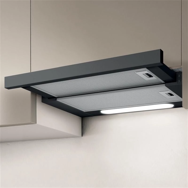 Įmontuojamas gartraukis Elica Elite 14 LUX 60 BL — 598 mm plotis, 368 m³/h oro našumas, aliuminio riebalų filtras, LED, 62 dB