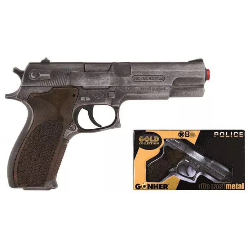 Žaislinis smiginio pistoletas Pulio Police gun metal GONHER 45/1 15545/1 — metalo apdaila, vienšūvis žaislinis šaunamasis ginklas