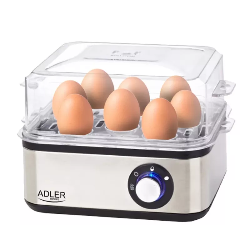 Kiaušinių viryklė Adler AD 4486 — 8 kiaušinių talpa, 800 W, juodo satininio plieno su permatomu dangčiu