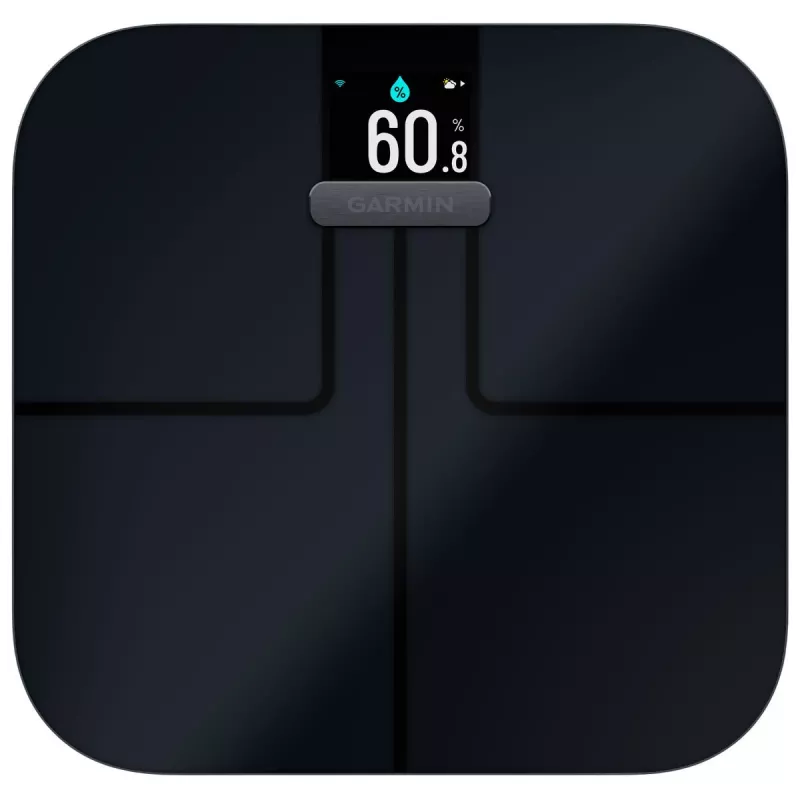 Elektroninės asmeninės svarstyklės GARMIN Index S2 – juodos, maks. 181,4 kg, Wi‑Fi/Bluetooth, kūno sudėties analizė