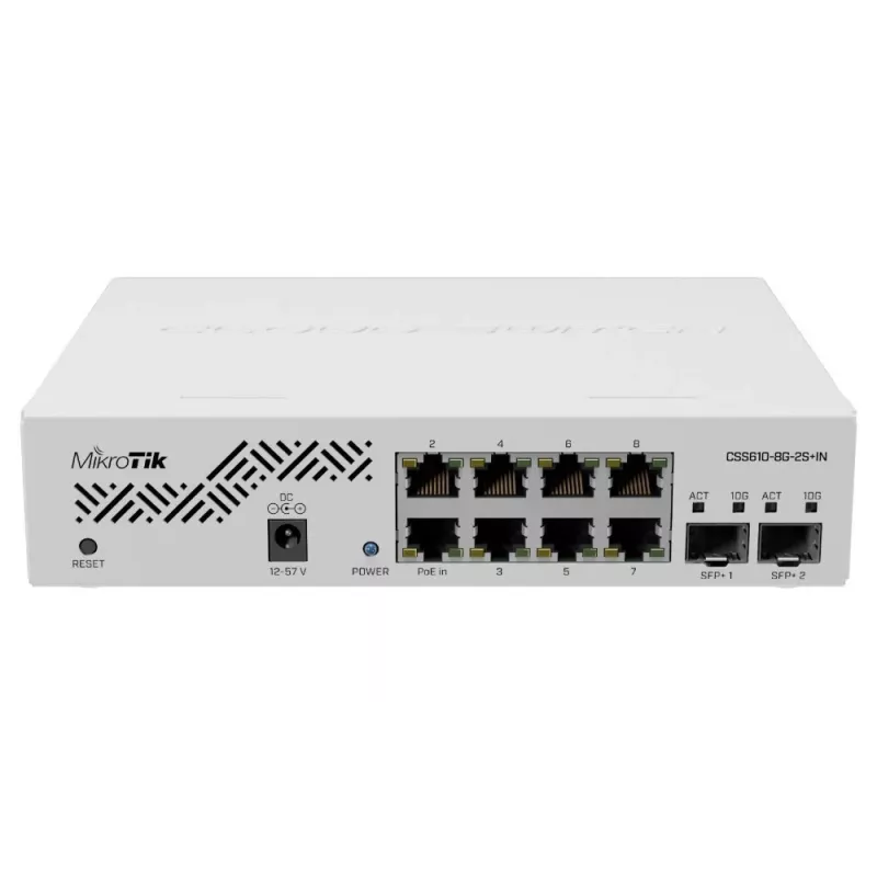 Tinklo komutatorius MikroTik CSS610-8G-2S+IN — 8x Gigabit RJ-45, 2x SFP+ 10G, PoE, 12–57V įvestis