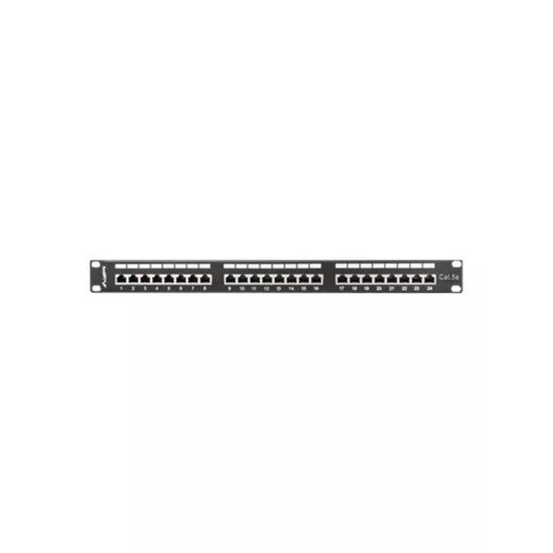 Pataisų skydelis 1U LANBERG PPS5-1024-B — 24 prievadų RJ-45 Cat5, metalinis, juodas, montavimas į stovą