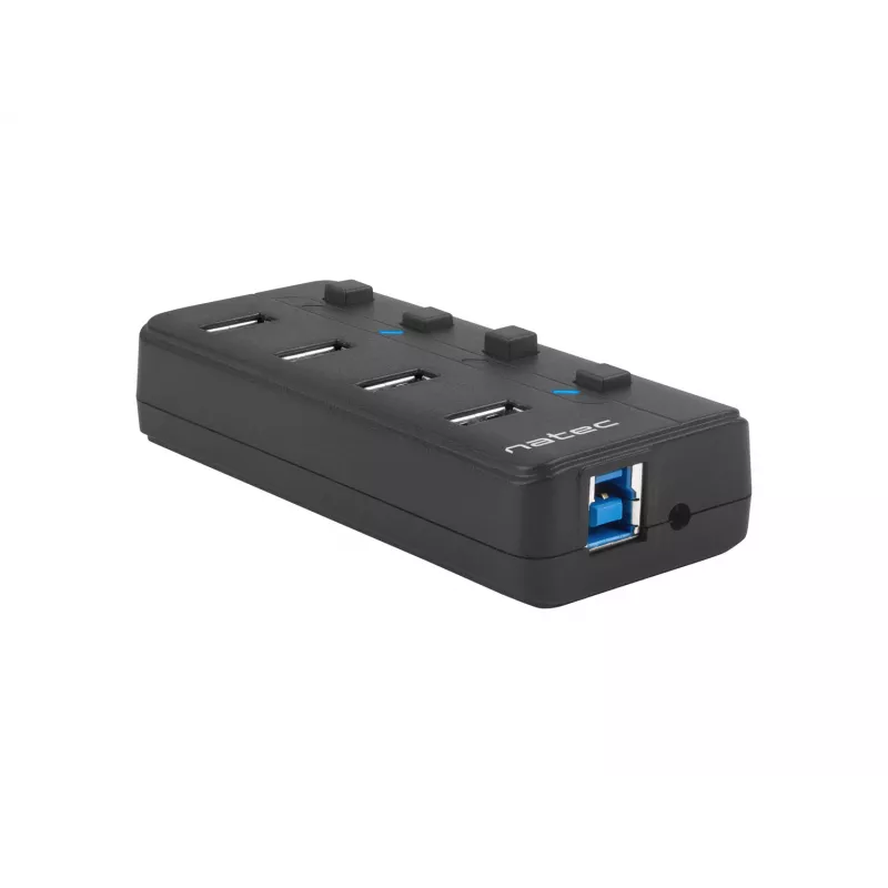 USB šakotuvas NATEC MANTIS USB 2.0 Type-B — 4x USB 3.2 Gen 1 Type-A prievadai, juodas, 0.8 m laidas, kintamosios srovės adapteris, maitinimo jungiklis