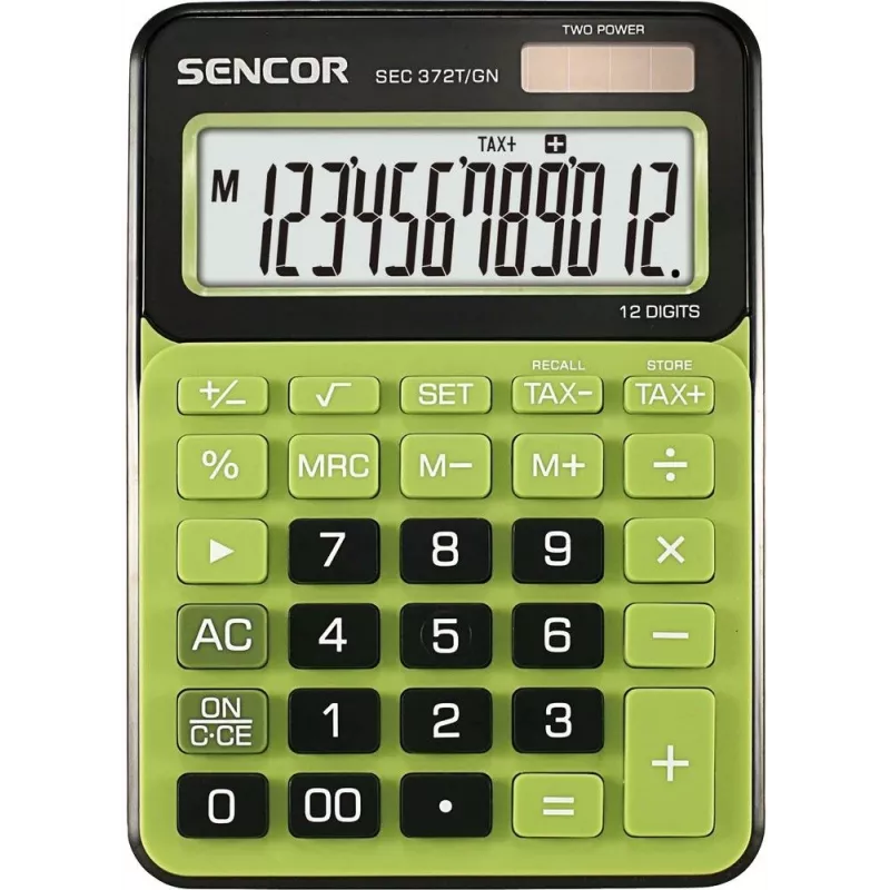 Stalinis skaičiuotuvas SENCOR SEC 372GN 12 skaitmenų LCD, pagrindinės aritmetinės funkcijos, maitinamas saulės energija ir baterijomis