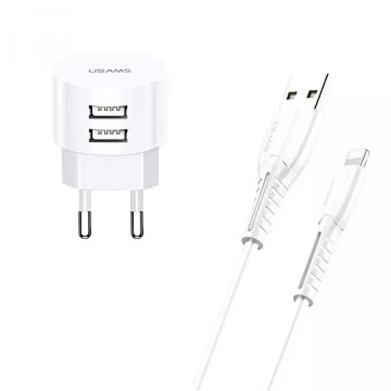 usamps Charger T20 2x USB 2.1A su Lightning kabeliu – nešiojamas USB sieninis įkroviklis