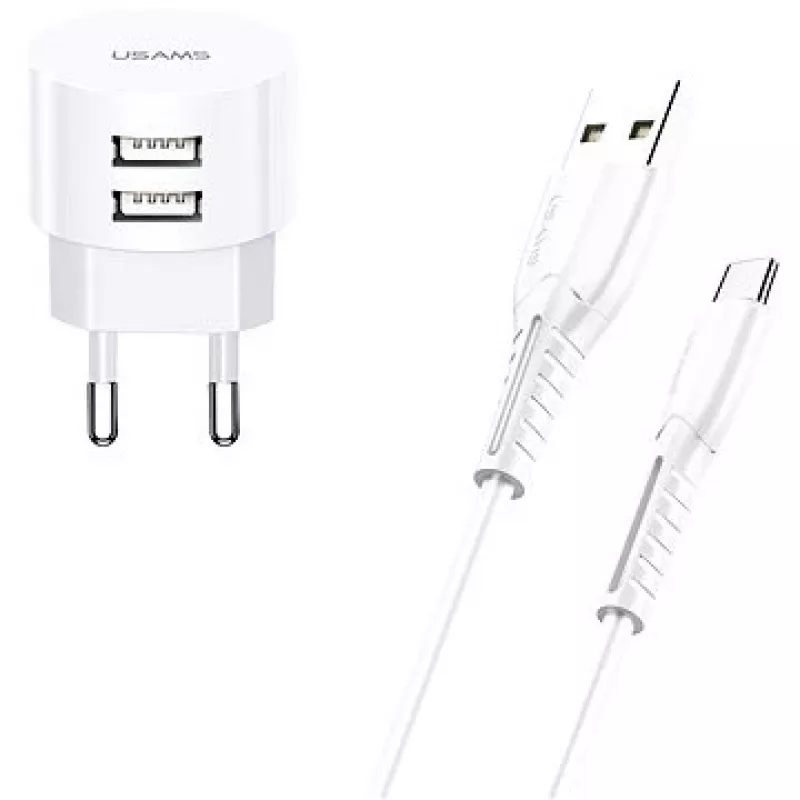 usams XTXLOGT18TC05 įkroviklis su 2 USB prievadais ir integruotu USB‑C kabeliu, 2,1 A išvestis