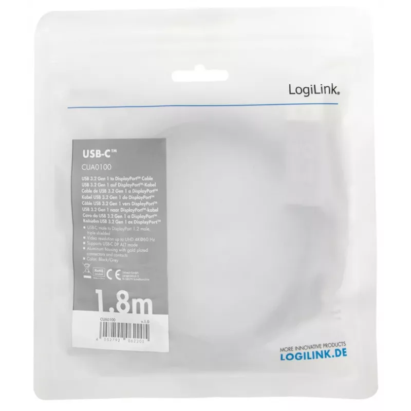 LogiLink CUA0100 kabelio jungties adapteris DisplayPort USB 3.2 Gen1 Type-C 1,8 m juodas pilkas